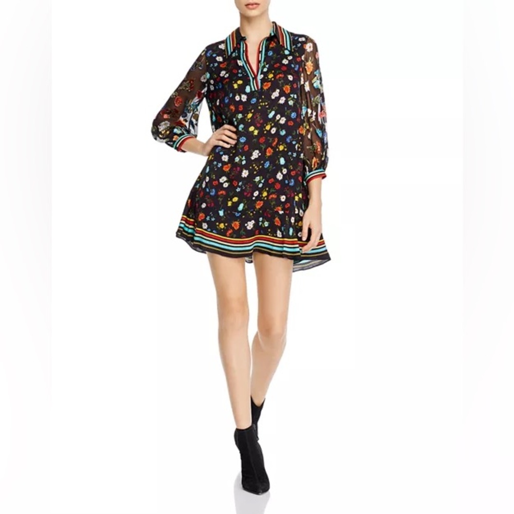 Alice Olivia Black Lalita Floral Stripe-Trim Mini Dress small